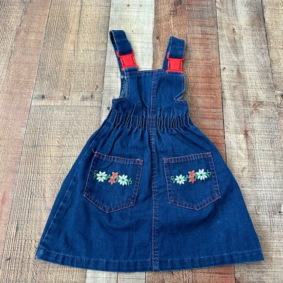 Vintage Stone Denim Jumper Dress For Girls Size 4 With Red Buckles & Floral Embr - Picture 1 of 8